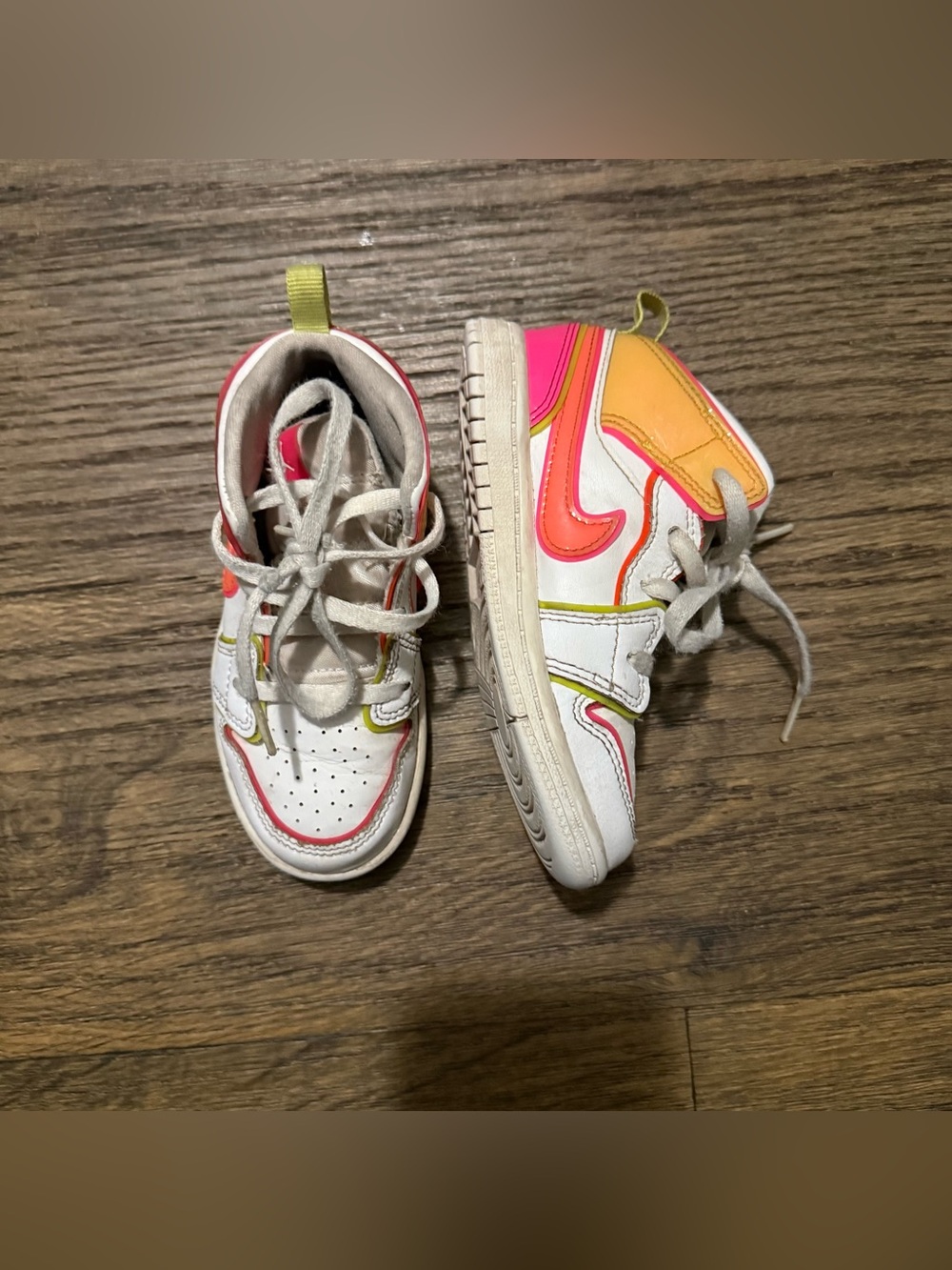 Jordan 1 Mid Size 9CKids White Sneakers with Pink and Orange Accents